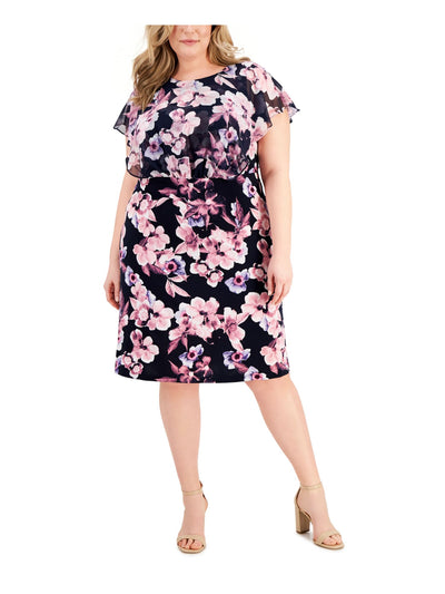 CONNECTED APPAREL Womens Navy Floral Sleeveless Round Neck Knee Length Wear To Work Shift Dress Plus 22W
