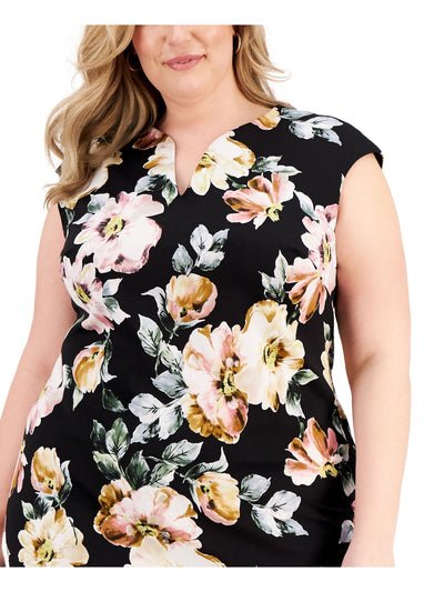 CONNECTED APPAREL Womens Black Zippered Floral Cap Sleeve V Neck Knee Length Wear To Work Sheath Dress Plus 18W