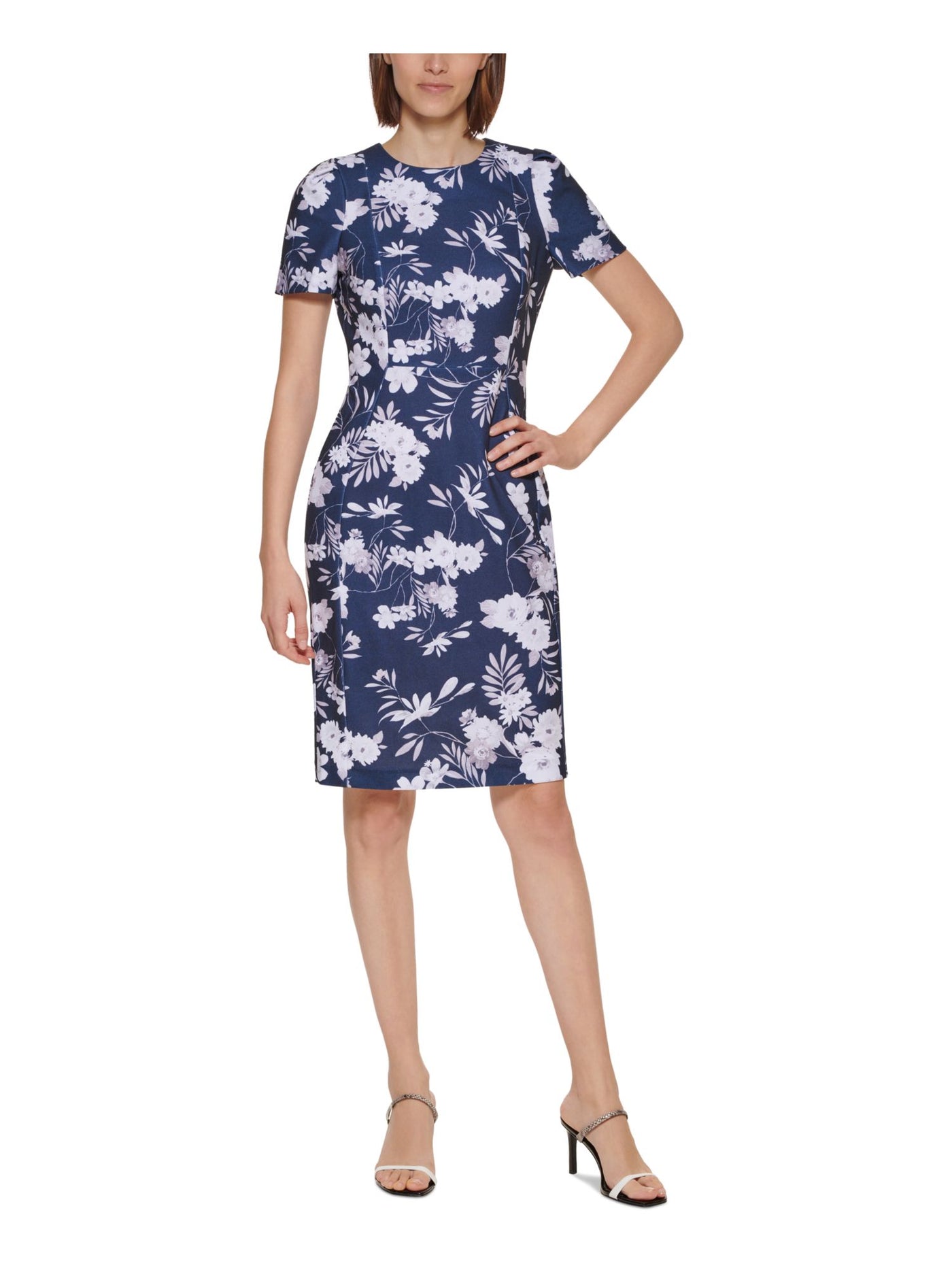 CALVIN KLEIN Womens Navy Zippered Textured Unlined Floral Short Sleeve Jewel Neck Knee Length Wear To Work Sheath Dress 2