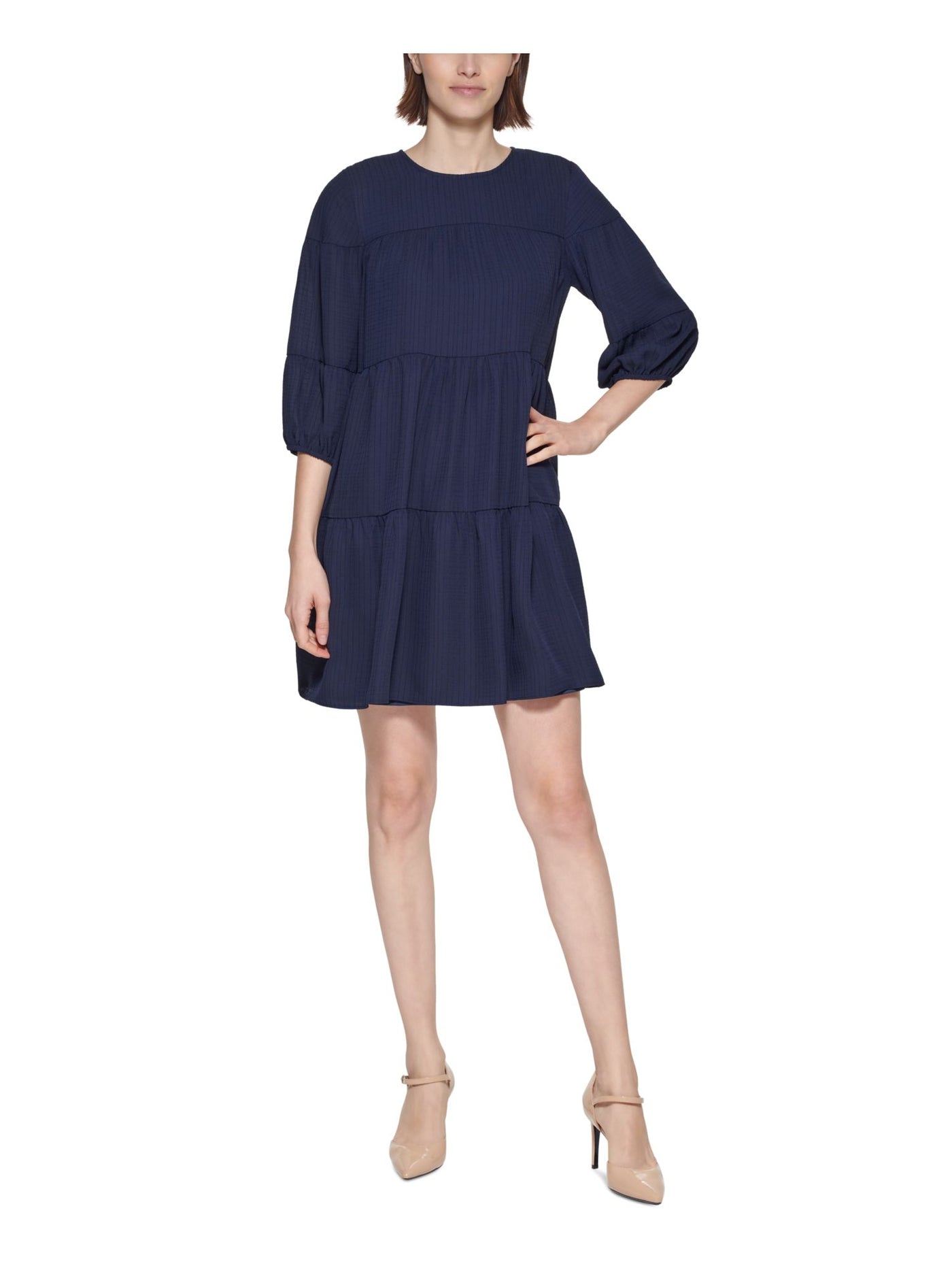 CALVIN KLEIN Womens Navy Textured Keyhole Back Tiered Lined 3/4 Sleeve Round Neck Short Shift Dress Petites 0P