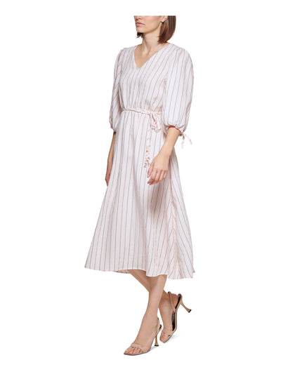 CALVIN KLEIN Womens Pink Tie Zippered Unlined Bead Detail Striped Pouf Sleeve V Neck Midi Fit + Flare Dress 6
