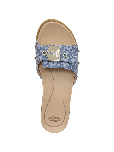 DR SCHOLLS Womens Navy Floral Comfort Adjustable Strap Studded Originalist Round Toe Wedge Slip On Slide Sandals 9.5 M