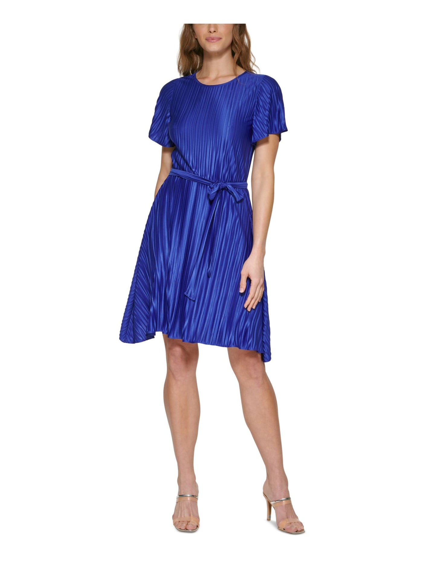DKNY Womens Blue Pleated Pullover Self Tie Waist Short Sleeve Crew Neck Above The Knee Wear To Work A-Line Dress 8