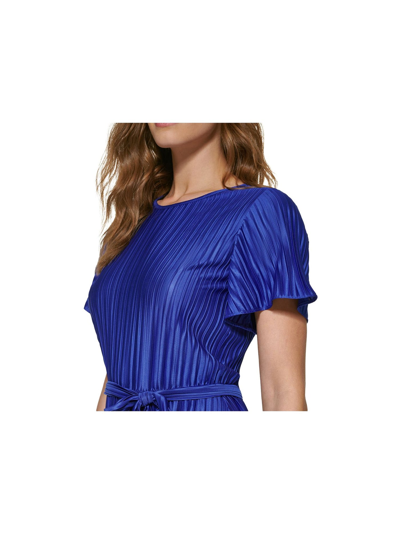DKNY Womens Blue Pleated Pullover Self Tie Waist Short Sleeve Crew Neck Above The Knee Wear To Work A-Line Dress 8
