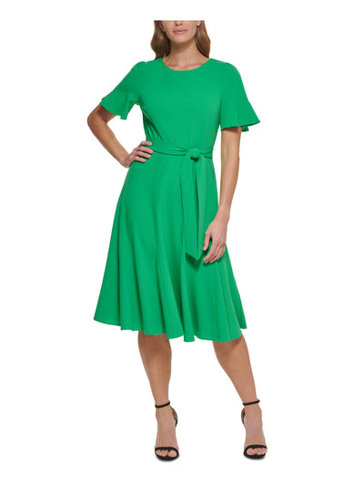 DKNY Womens Green Zippered Belted Godet Pleated Skirt And Cuffs Short Sleeve Crew Neck Midi Wear To Work Fit + Flare Dress 2