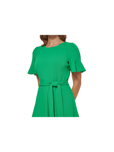 DKNY Womens Green Zippered Belted Godet Pleated Skirt And Cuffs Short Sleeve Crew Neck Midi Wear To Work Fit + Flare Dress 2
