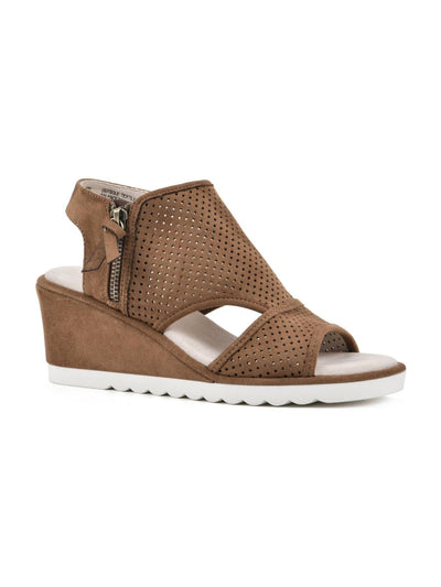 CLIFFS BY WHITE MOUNTAIN Womens Brown Perforated Cushioned Abby Round Toe Wedge Zip-Up Slingback Sandal 9 M