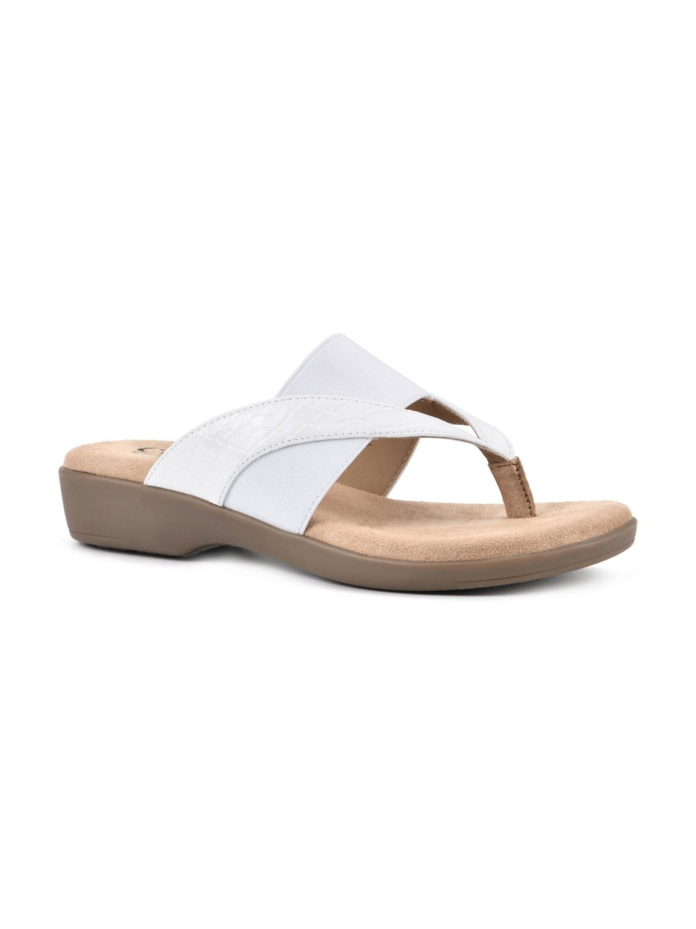 CLIFFS BY WHITE MOUNTAIN Womens White Mixed Media Goring Cushioned Bumble Round Toe Wedge Slip On Thong Sandals Shoes 7.5 M