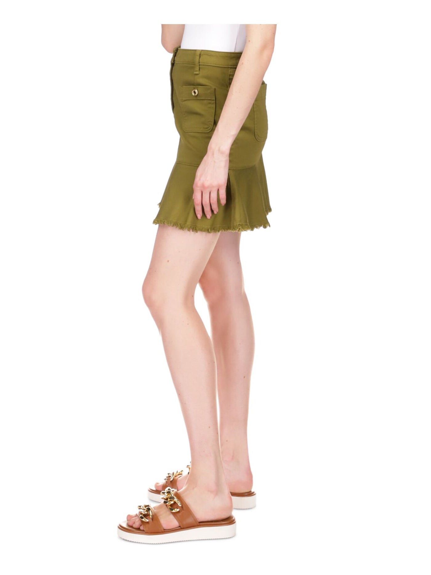 MICHAEL KORS Womens Green Denim Zippered Pocketed Frayed Ruffled Hem Short A-Line Skirt 2