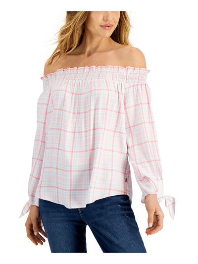 TOMMY HILFIGER Womens Pink Smocked Tie Pullover Unlined Shirttail Hem Plaid Long Sleeve Off Shoulder Top Petites S\P