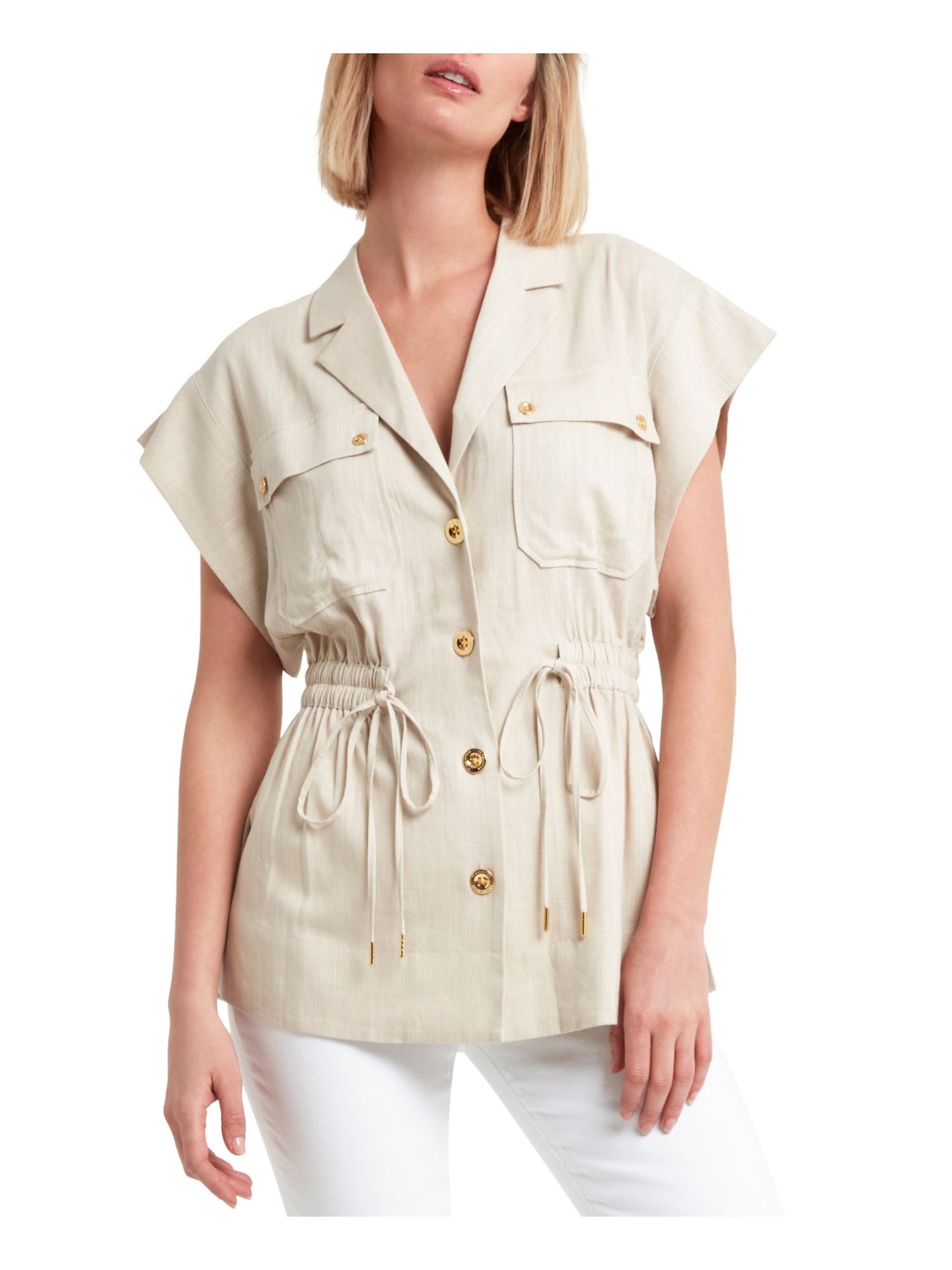 HALSTON Womens Beige Pocketed Short Sleeve Drawstrings Button Down Jacket L