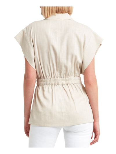 HALSTON Womens Beige Pocketed Short Sleeve Drawstrings Button Down Jacket L