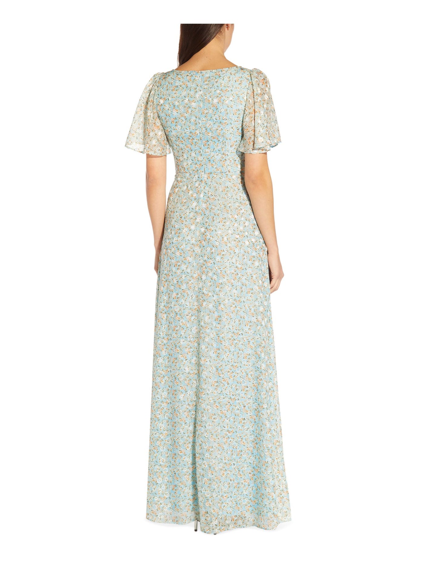 ADRIANNA PAPELL Womens Blue Zippered Pleated Tie Belt Lined Floral Flutter Sleeve Keyhole Full-Length Evening Fit + Flare Dress 6
