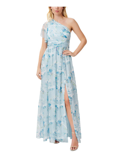 ADRIANNA PAPELL Womens Light Blue Ruched Zippered Slitted Pleated Sheer Lined Floral Flutter Sleeve Asymmetrical Neckline Full-Length Party Gown Dress 0