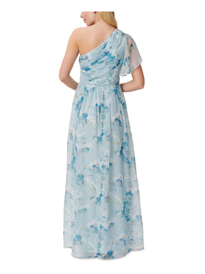 ADRIANNA PAPELL Womens Blue Ruched Zippered Slitted Pleated Sheer Lined Floral Flutter Sleeve Asymmetrical Neckline Full-Length Party Gown Dress 2