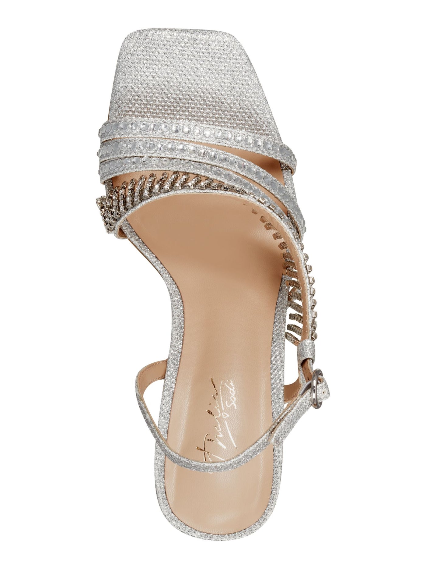 THALIA SODI Womens Silver Glitter Goring Padded Embellished Asymmetrical Skylar Square Toe Stiletto Buckle Dress Slingback Sandal 6 M