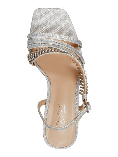 THALIA SODI Womens Silver Glitter Goring Padded Embellished Asymmetrical Skylar Square Toe Stiletto Buckle Dress Slingback Sandal 8 M