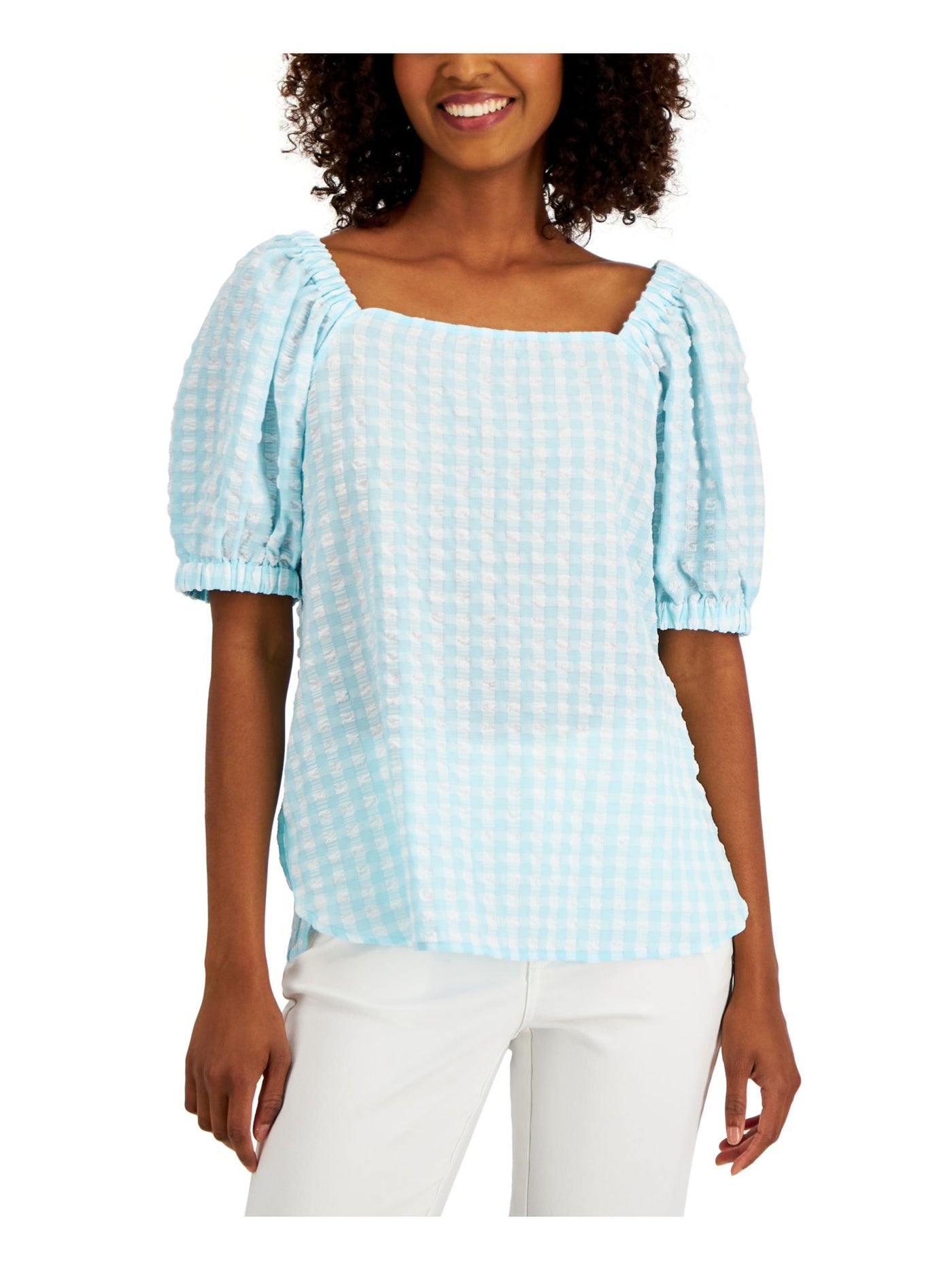 ANNE KLEIN Womens Light Blue Check Pouf Sleeve Square Neck Peasant Top S
