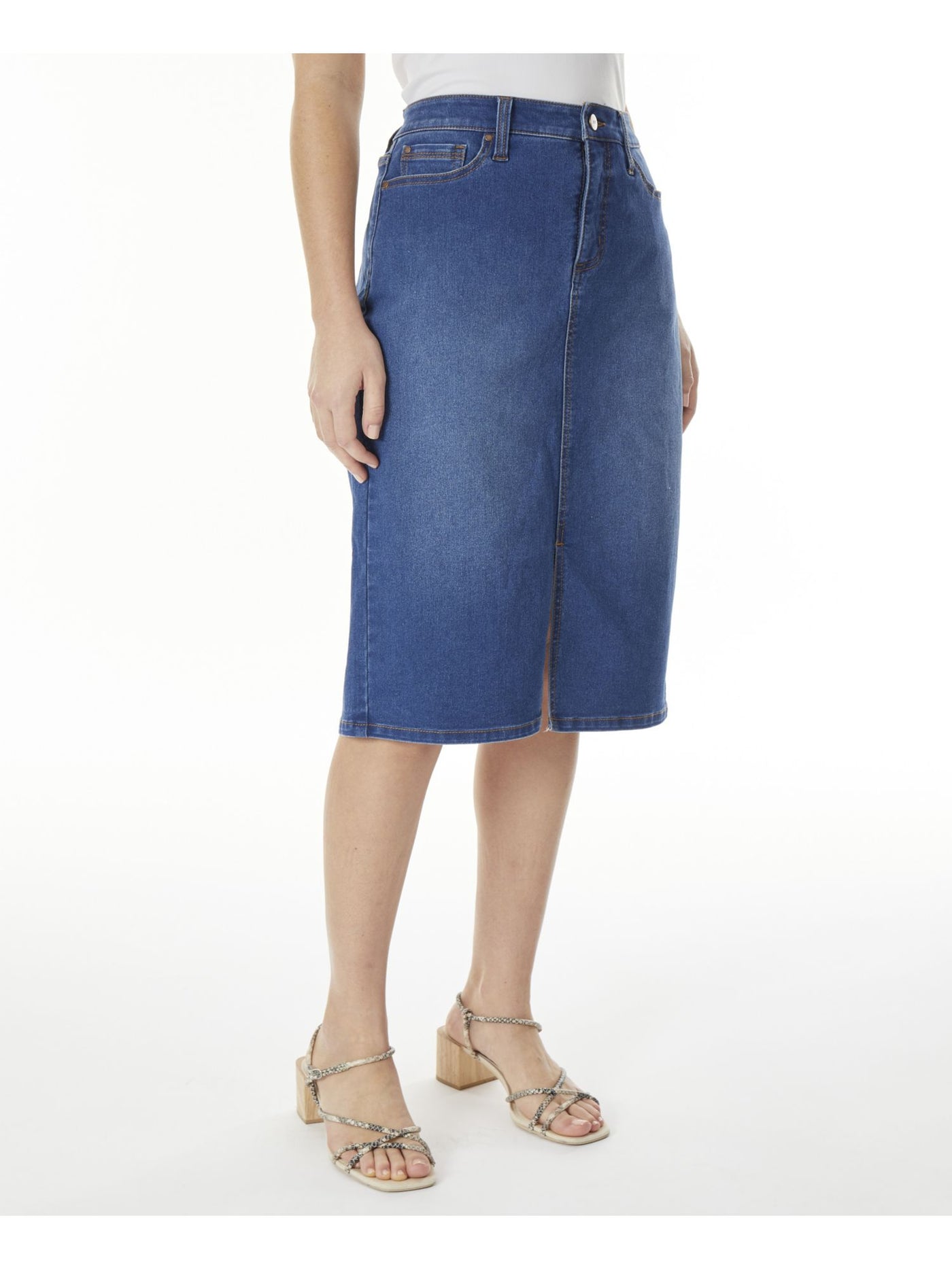 JONES NEW YORK Womens Blue Denim Zippered Pocketed Slitted Unlined Midi Pencil Skirt 2