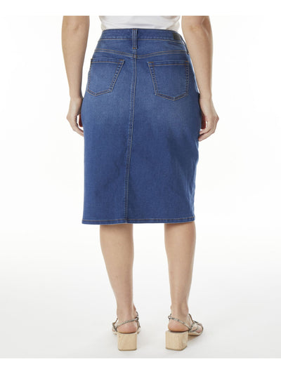 JONES NEW YORK Womens Blue Denim Zippered Pocketed Slitted Unlined Midi Pencil Skirt 2