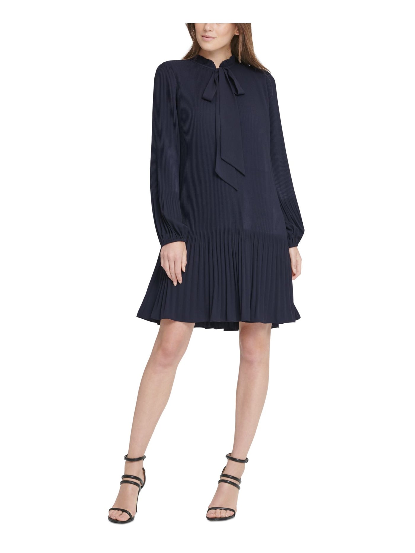 DKNY Womens Navy Tie Pleated Pullover Lined Long Sleeve Split Above The Knee Wear To Work Shift Dress Petites 8P