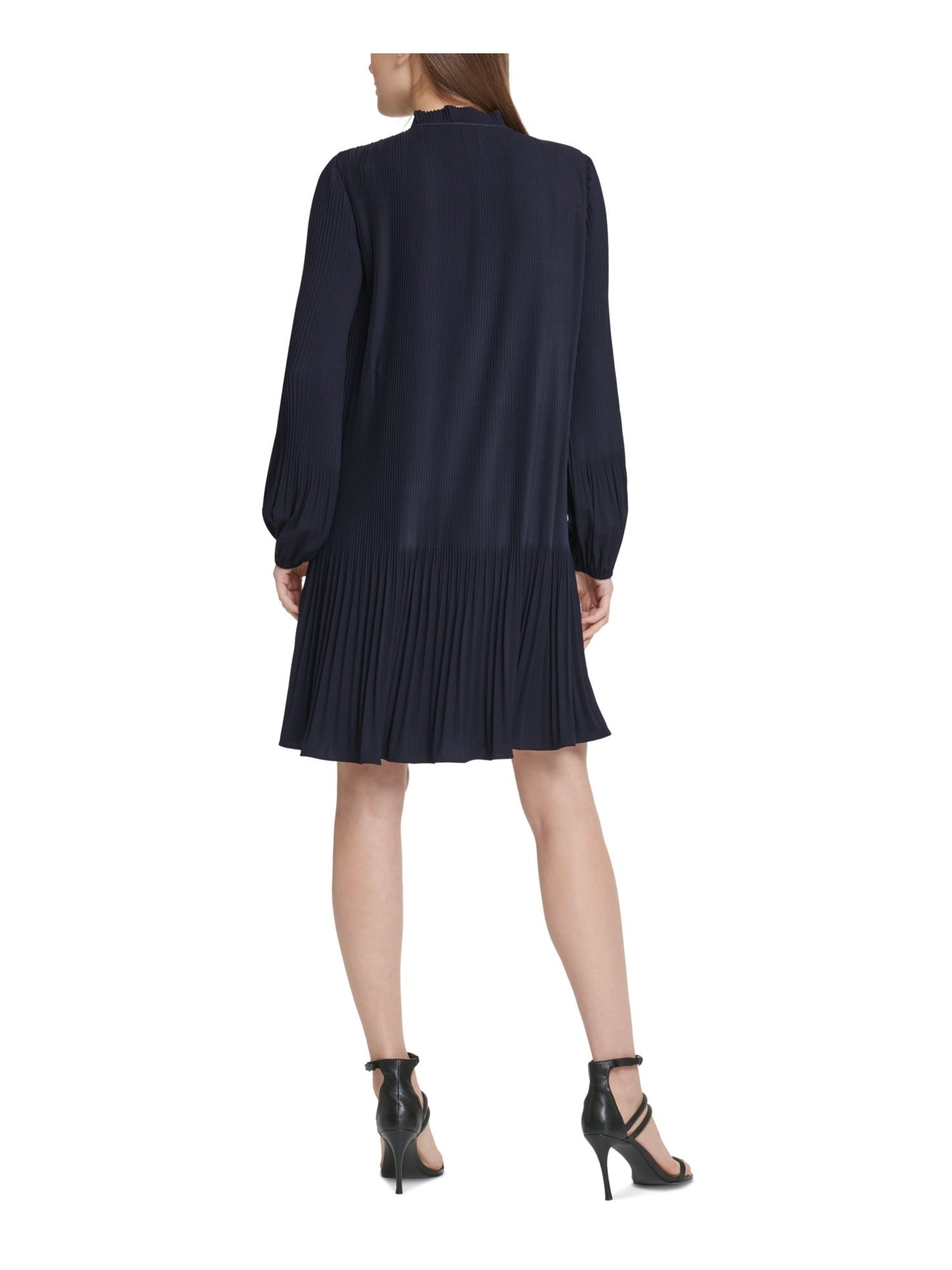 DKNY Womens Navy Tie Pleated Pullover Lined Long Sleeve Split Above The Knee Wear To Work Shift Dress Petites 8P