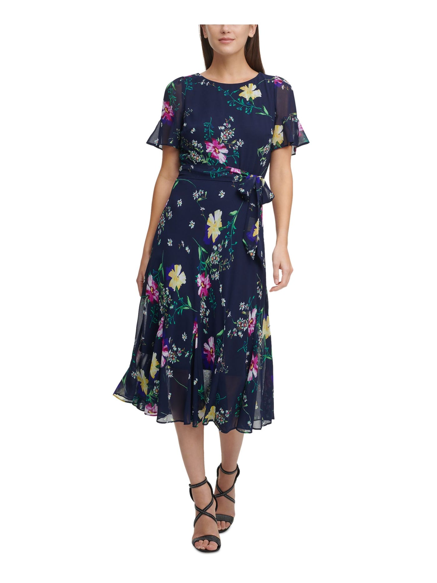 DKNY Womens Navy Zippered Sheer Tie Belt Lined Floral Flutter Sleeve Round Neck Midi Fit + Flare Dress Petites 10P