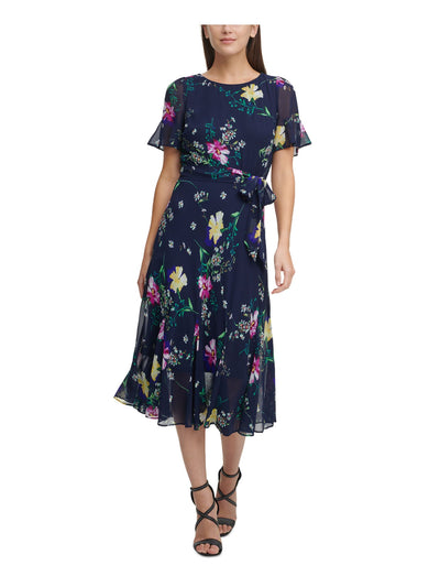 DKNY Womens Navy Zippered Sheer Tie Belt Lined Floral Flutter Sleeve Round Neck Midi Fit + Flare Dress Petites 10P