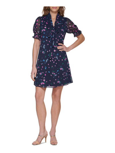 DKNY Womens Navy Smocked Zippered Floral Short Sleeve V Neck Above The Knee Wear To Work Shift Dress Petites 4P