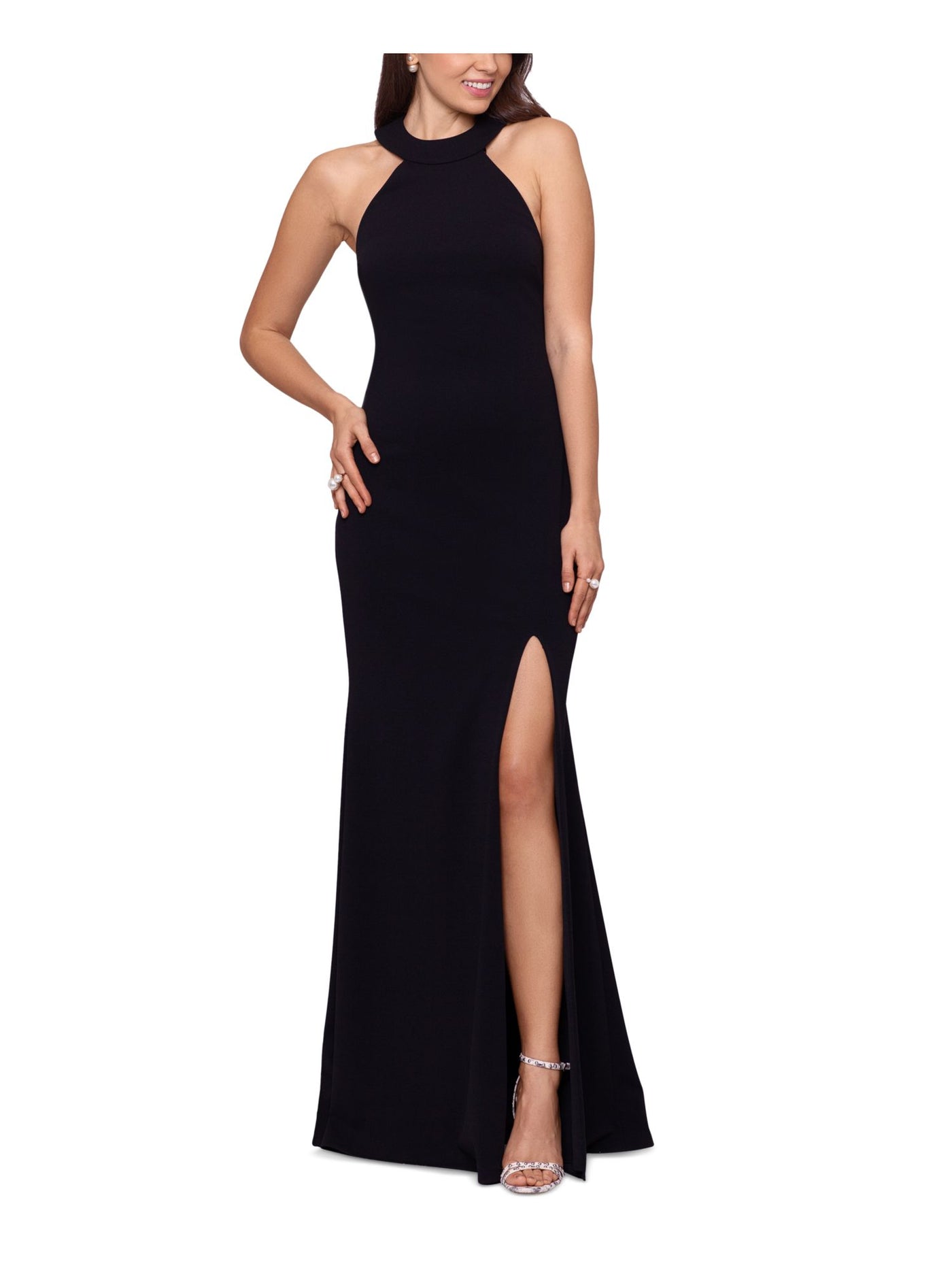 BETSY & ADAM Womens Black Slitted Zippered Lined Padded Bust Sleeveless Halter Full-Length Formal Gown Dress 6