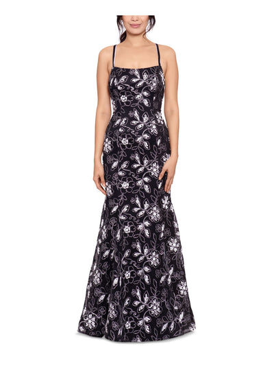 BETSY & ADAM Womens Black Lace Embroidered Zippered Tie Lined Floral Spaghetti Strap Square Neck Full-Length Party Gown Dress 4