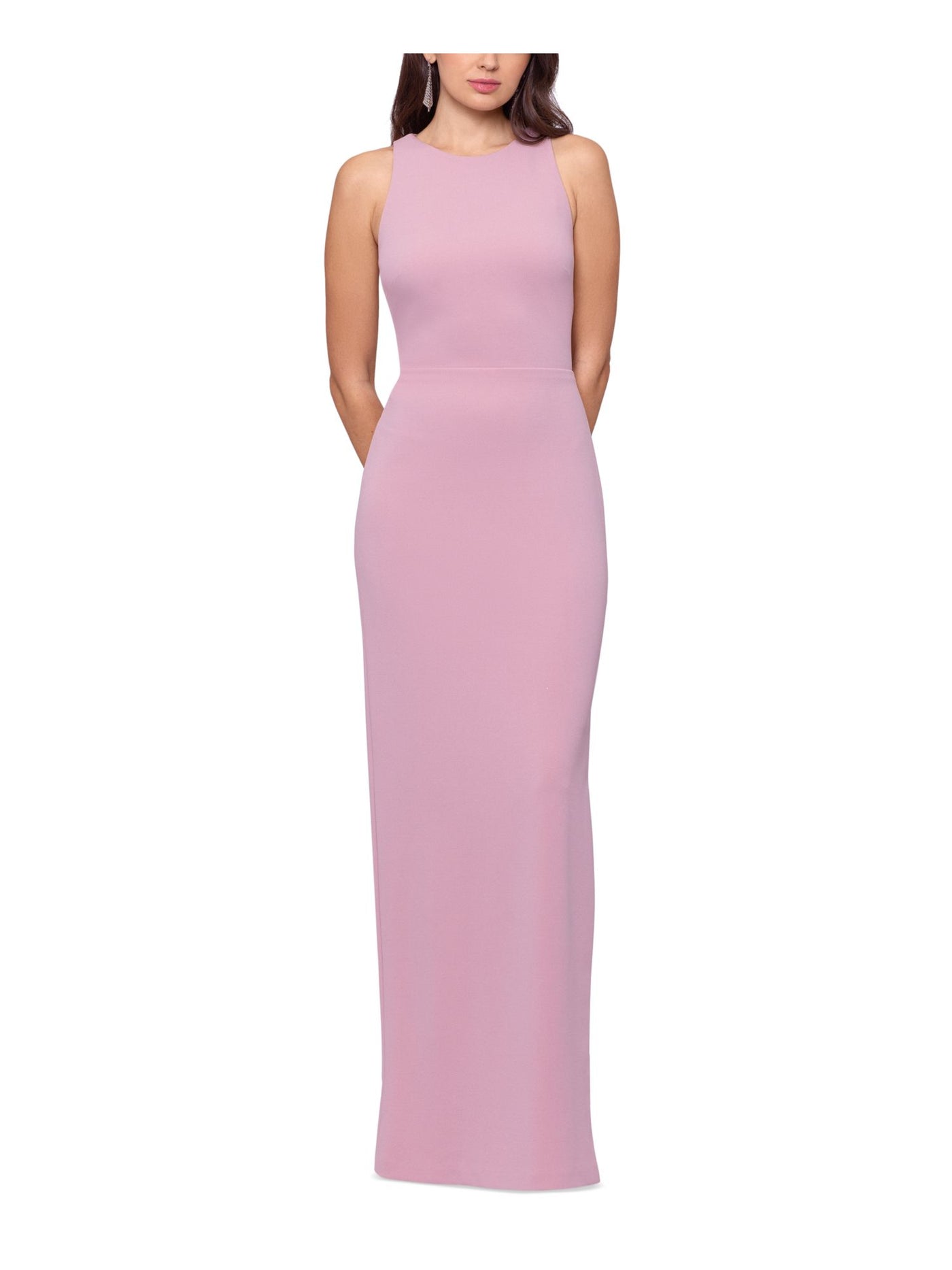 BETSY & ADAM Womens Pink Zippered Slitted Draped Tie Detail Cutout Sleeveless Crew Neck Full-Length Evening Gown Dress 0