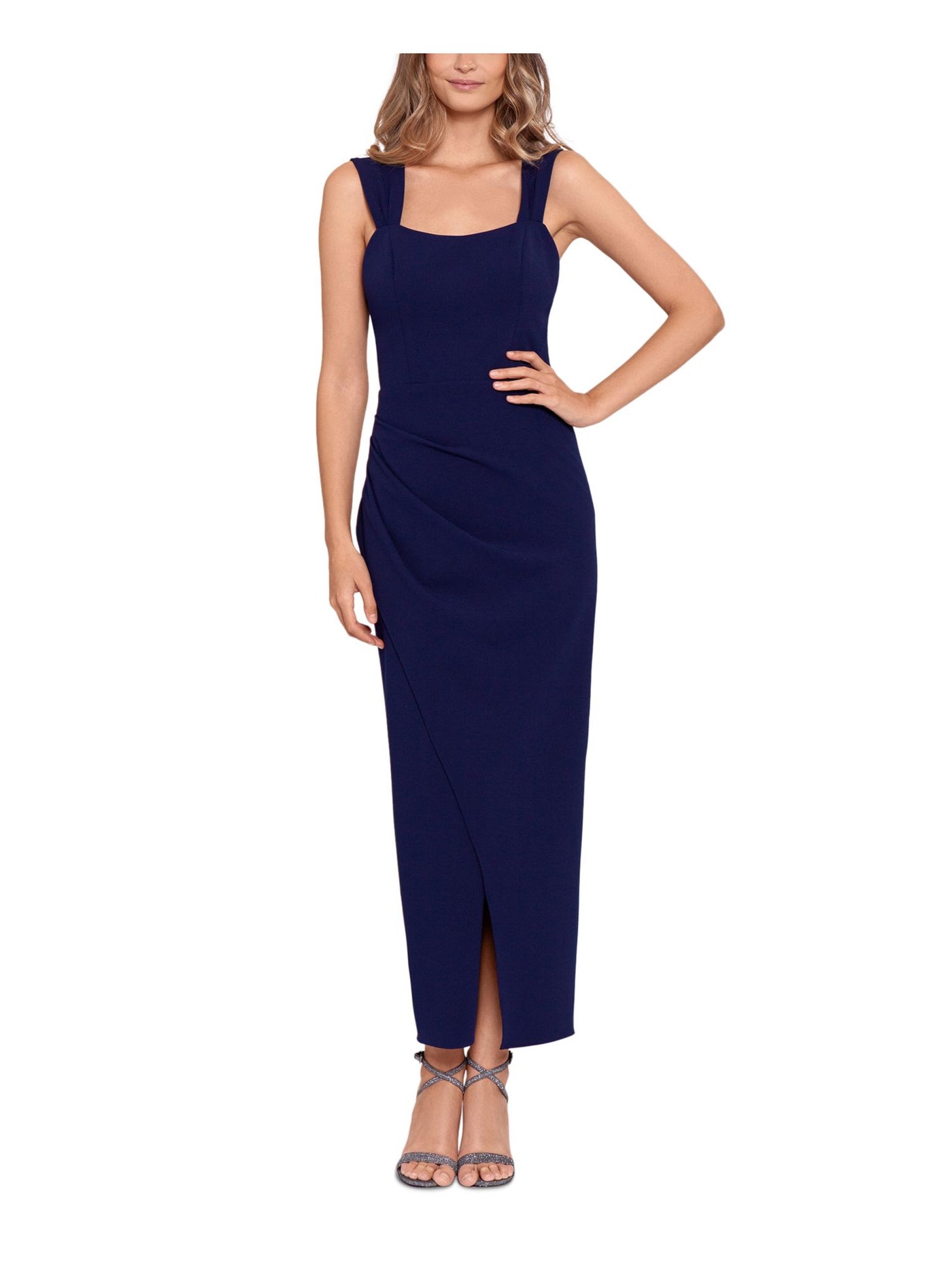 BETSY & ADAM Womens Navy Zippered Slitted Faux Tie Center Back Lined Sleeveless Square Neck Full-Length Evening Gown Dress 0