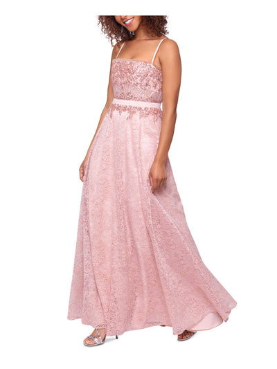 BETSY & ADAM Womens Pink Embellished Adjustable Lined Zippered Lace Spaghetti Strap Square Neck Full-Length Formal Gown Dress 4