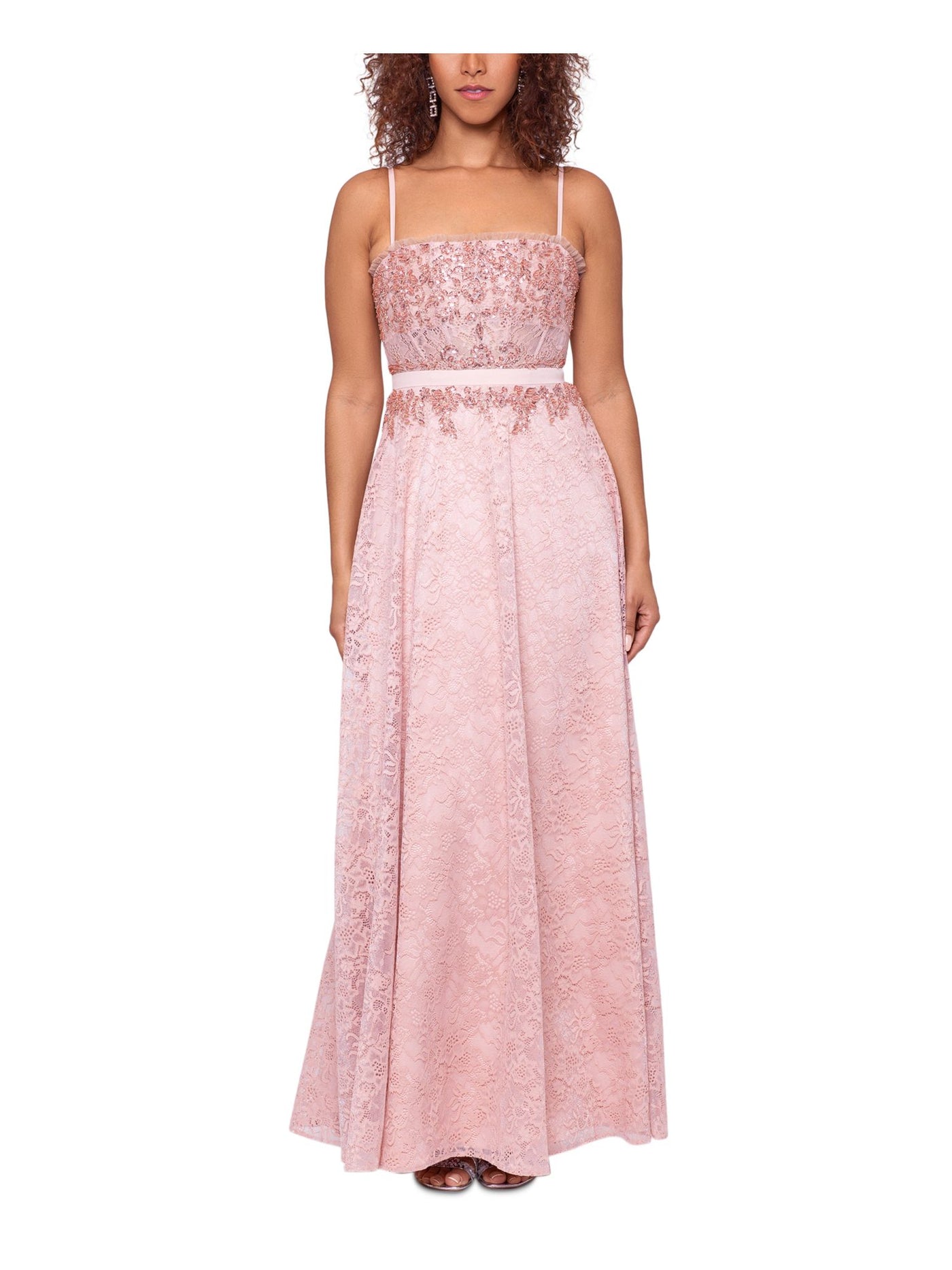 BETSY & ADAM Womens Pink Embellished Adjustable Lined Zippered Lace Spaghetti Strap Square Neck Full-Length Formal Gown Dress 4