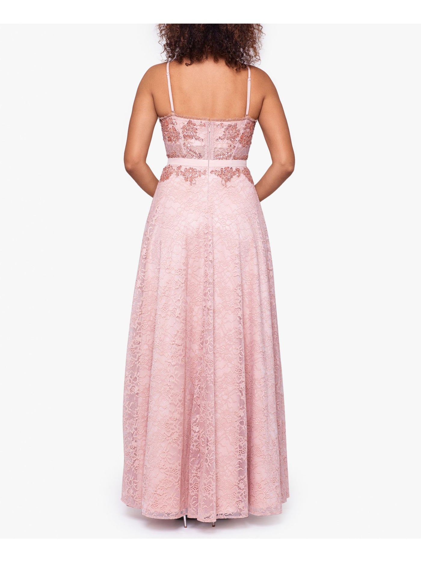 BETSY & ADAM Womens Pink Embellished Adjustable Lined Zippered Lace Spaghetti Strap Square Neck Full-Length Formal Gown Dress 4