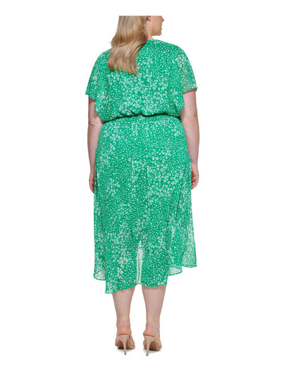 DKNY Womens Green Smocked Lined Pullover Floral Flutter Sleeve V Neck Midi Blouson Dress Plus 20W