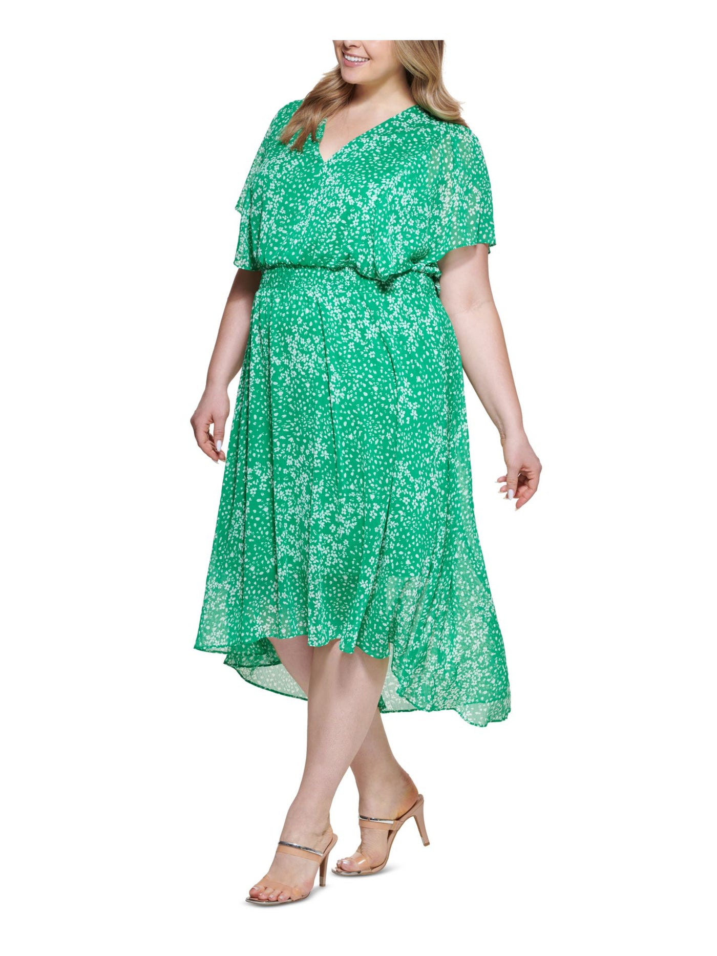 DKNY Womens Green Smocked Lined Pullover Floral Flutter Sleeve V Neck Midi Blouson Dress Plus 20W
