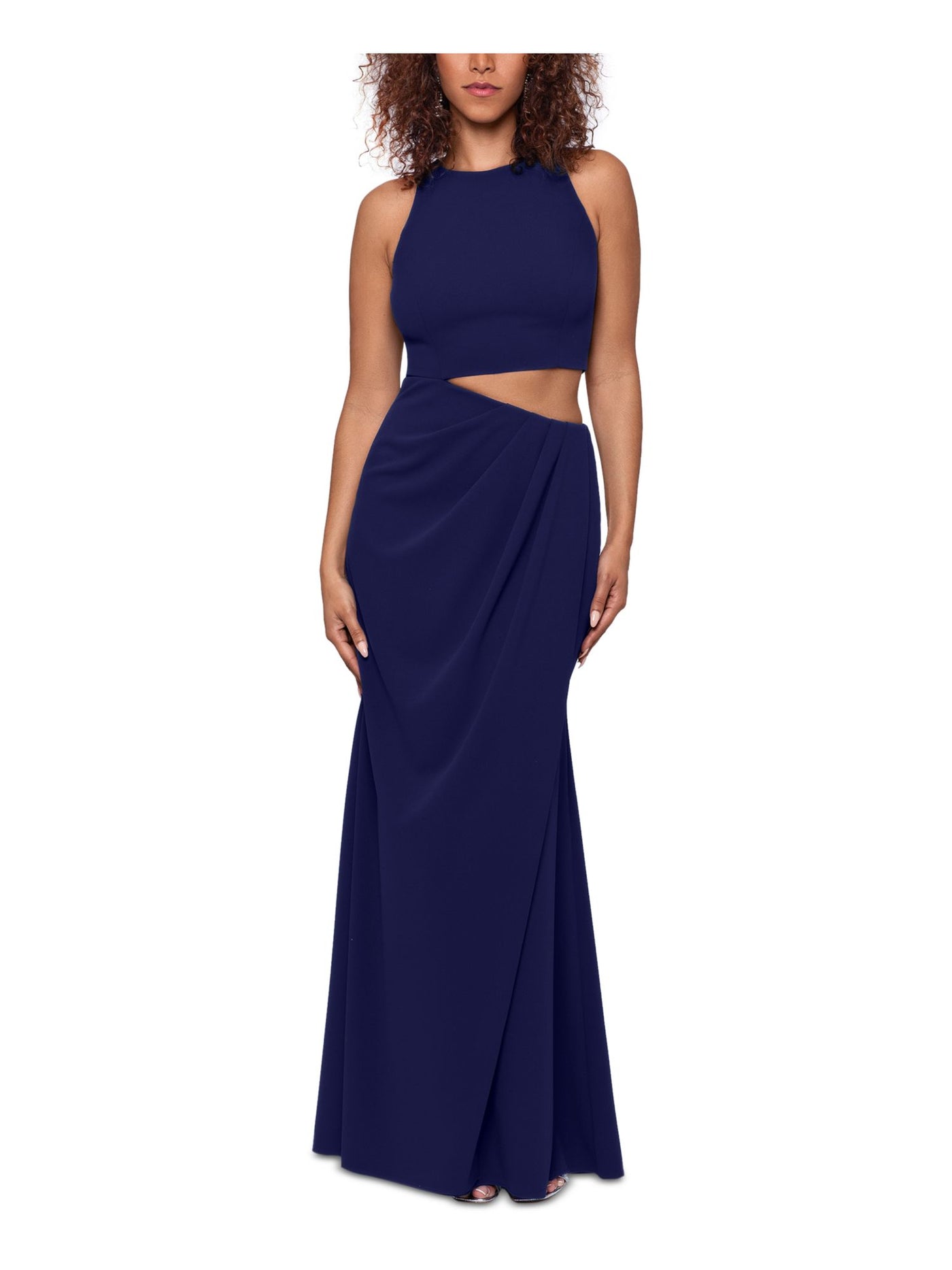 BETSY & ADAM Womens Navy Zippered Cut Out Lined Pleated Sleeveless Crew Neck Full-Length Formal Gown Dress 2