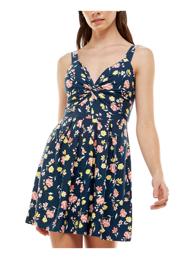 PLANET GOLD Womens Navy Smocked Twist Front Pleated Unlined Padded Bust Floral Sleeveless V Neck Short Fit + Flare Dress M