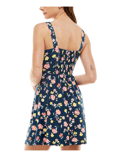 PLANET GOLD Womens Navy Smocked Twist Front Pleated Unlined Padded Bust Floral Sleeveless V Neck Short Fit + Flare Dress M