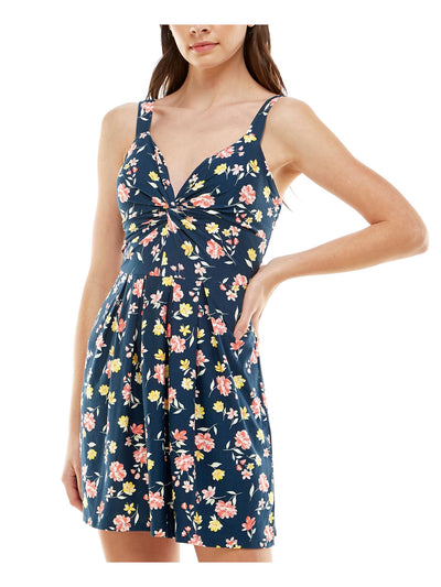 PLANET GOLD Womens Navy Smocked Twist Front Pleated Unlined Padded Bust Floral Sleeveless V Neck Short Fit + Flare Dress M