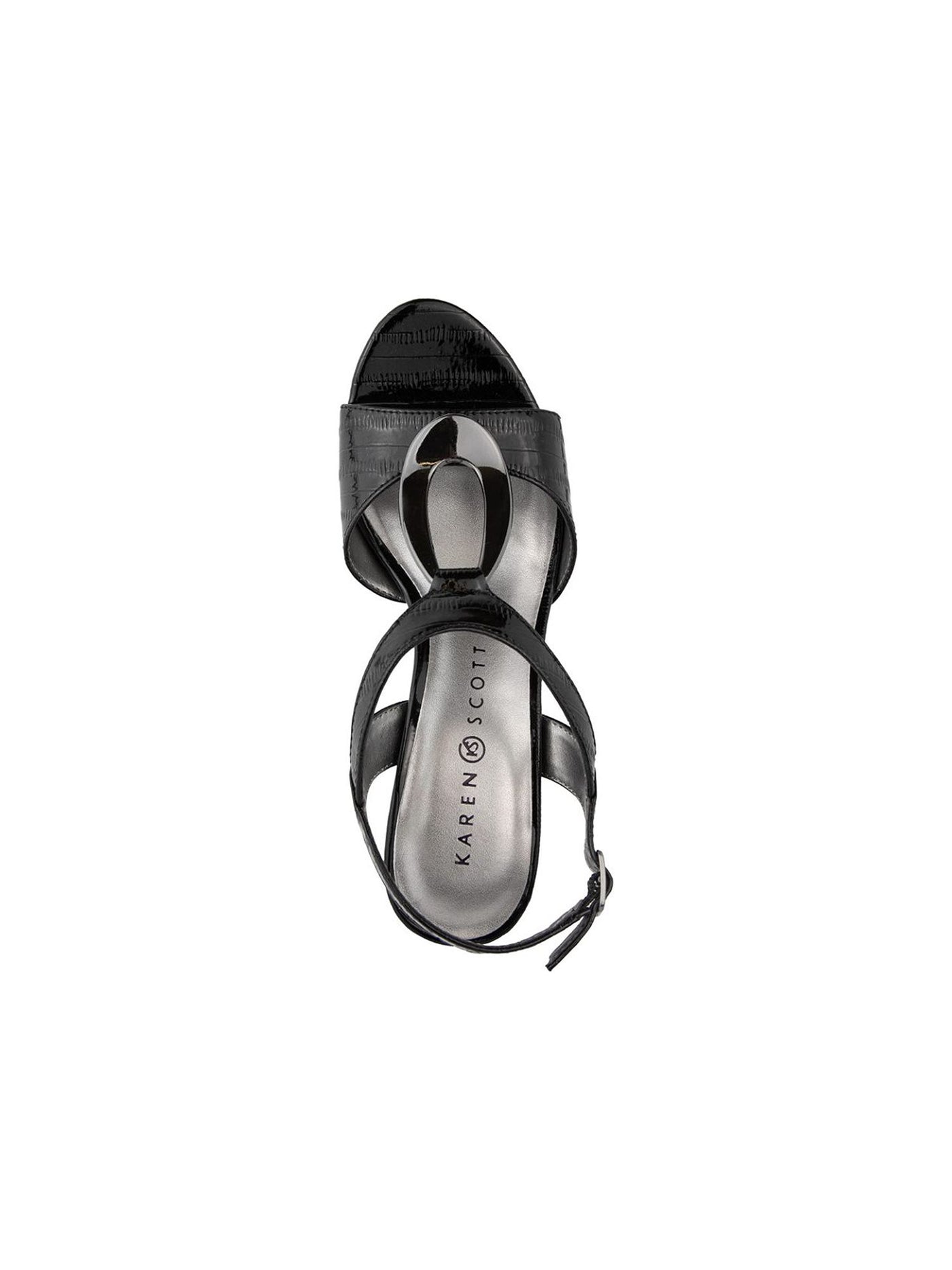 KAREN SCOTT Womens Black Patterned Hardware Detail Padded Adjustable Strap T-Strap Danee Almond Toe Block Heel Buckle Dress Sandals Shoes 5.5 M