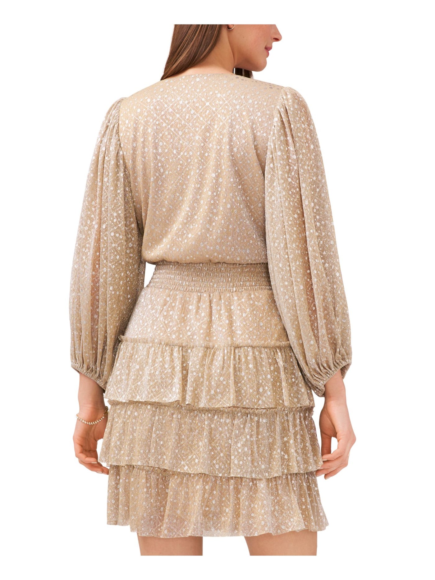 MSK Womens Gold Metallic Smocked Ruffled Lined Pullover Printed Blouson Sleeve Surplice Neckline Short Party Fit + Flare Dress S