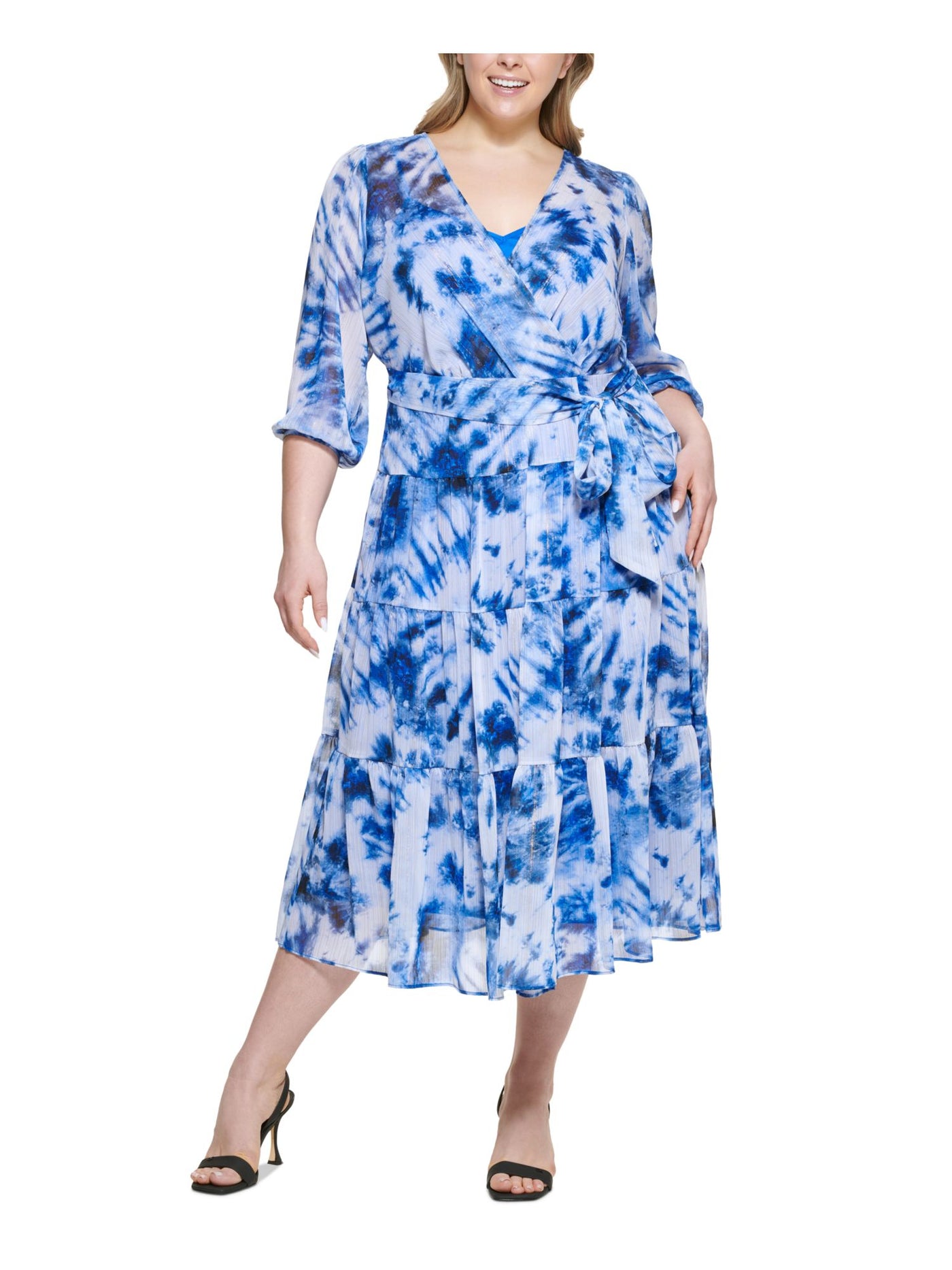 CALVIN KLEIN Womens Blue Zippered Sheer Tie Belt Tiered Lined Printed 3/4 Sleeve Surplice Neckline Midi Fit + Flare Dress Plus 14W