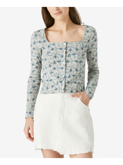 LUCKY BRAND Womens Light Blue Floral Long Sleeve Square Neck Top S
