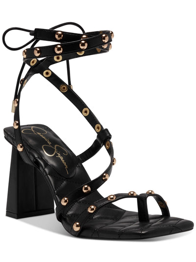 JESSICA SIMPSON Womens Chalk Black Multi Media Toe Loop Asymmetrical And Ankle Strapping Padded Studded Zayve Square Toe Block Heel Lace-Up Heeled Sandal 5.5 M