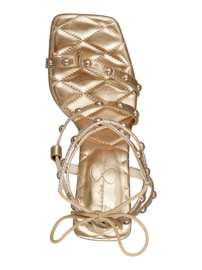 JESSICA SIMPSON Womens Gold Toe Loop Asymmetrical Ankle Strap Padded Metallic Studded Zayve Square Toe Block Heel Lace-Up Heeled Sandal 5.5 M