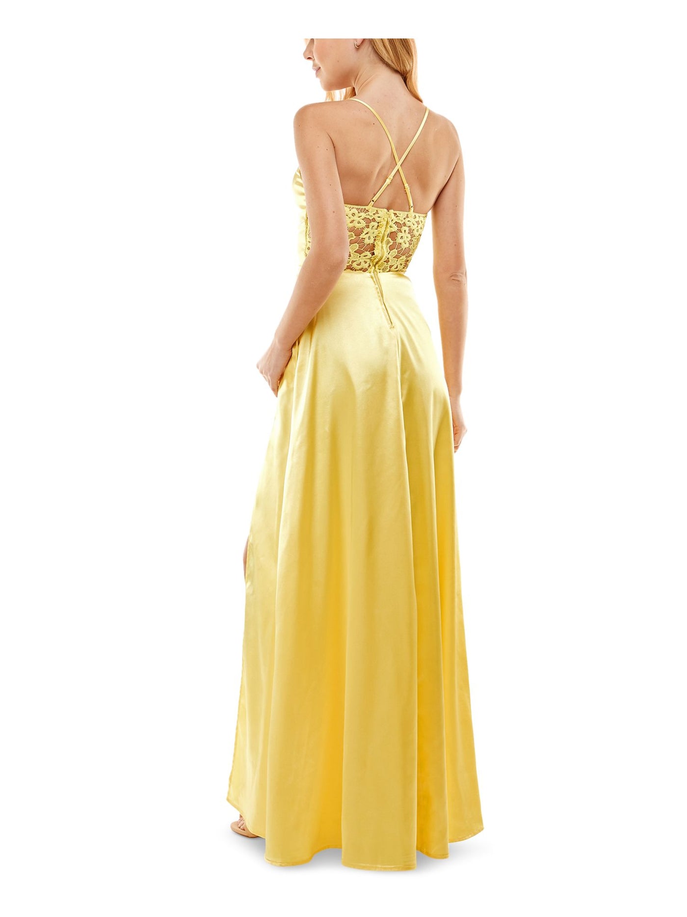 CITY STUDIO Womens Yellow Zippered Slitted Lined Adjustable Lace Back Sleeveless Square Neck Full-Length Gown Prom Dress 1