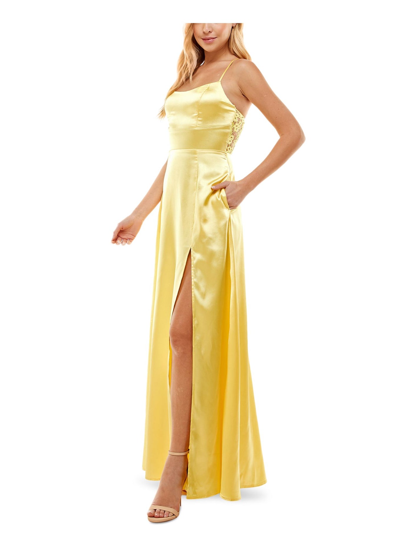 CITY STUDIO Womens Yellow Zippered Slitted Lined Adjustable Lace Back Sleeveless Square Neck Full-Length  Gown Prom Dress Juniors 1
